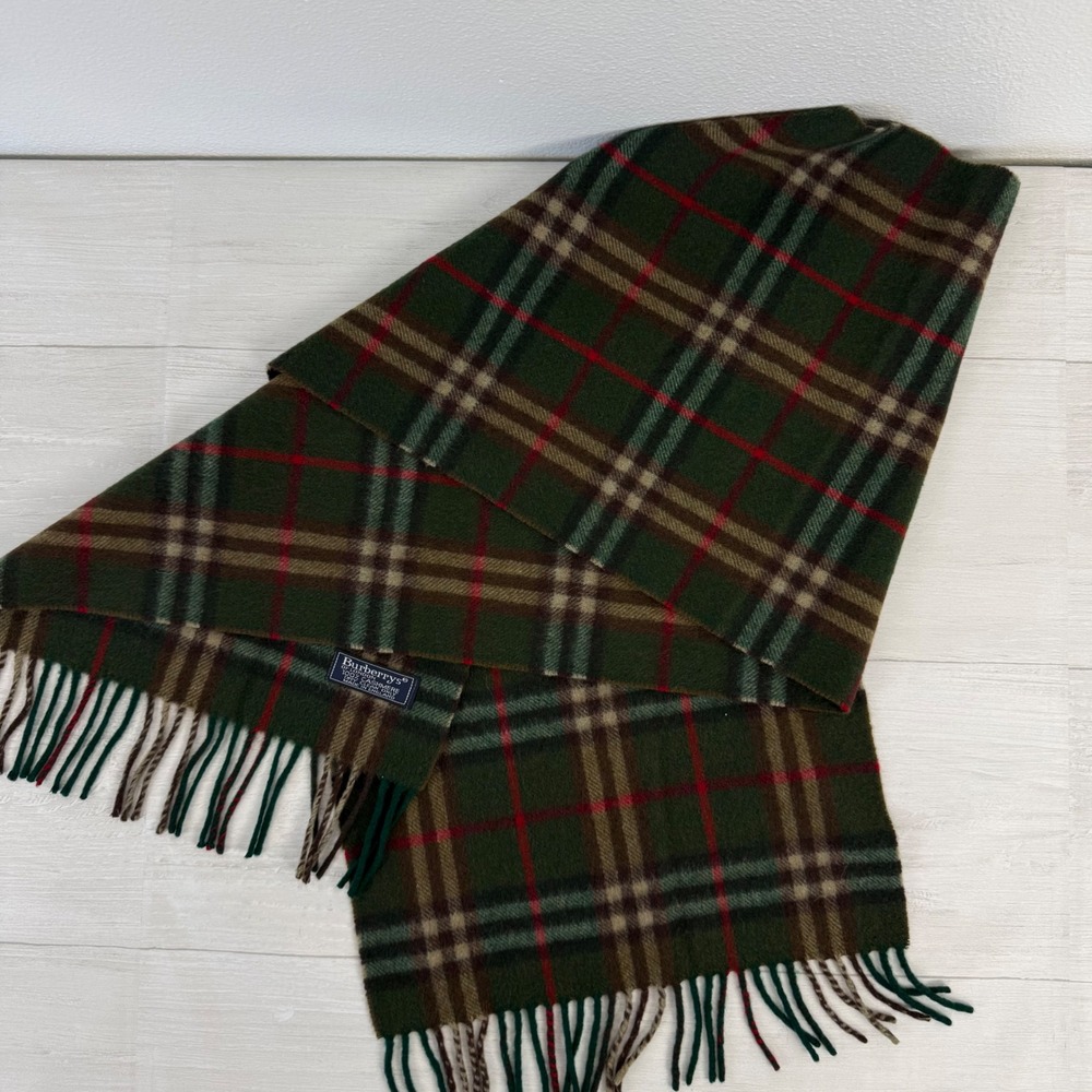 Vintage Burberry Cashmere Scarf Unisex Green Plaid Nova Check Heritage Luxury